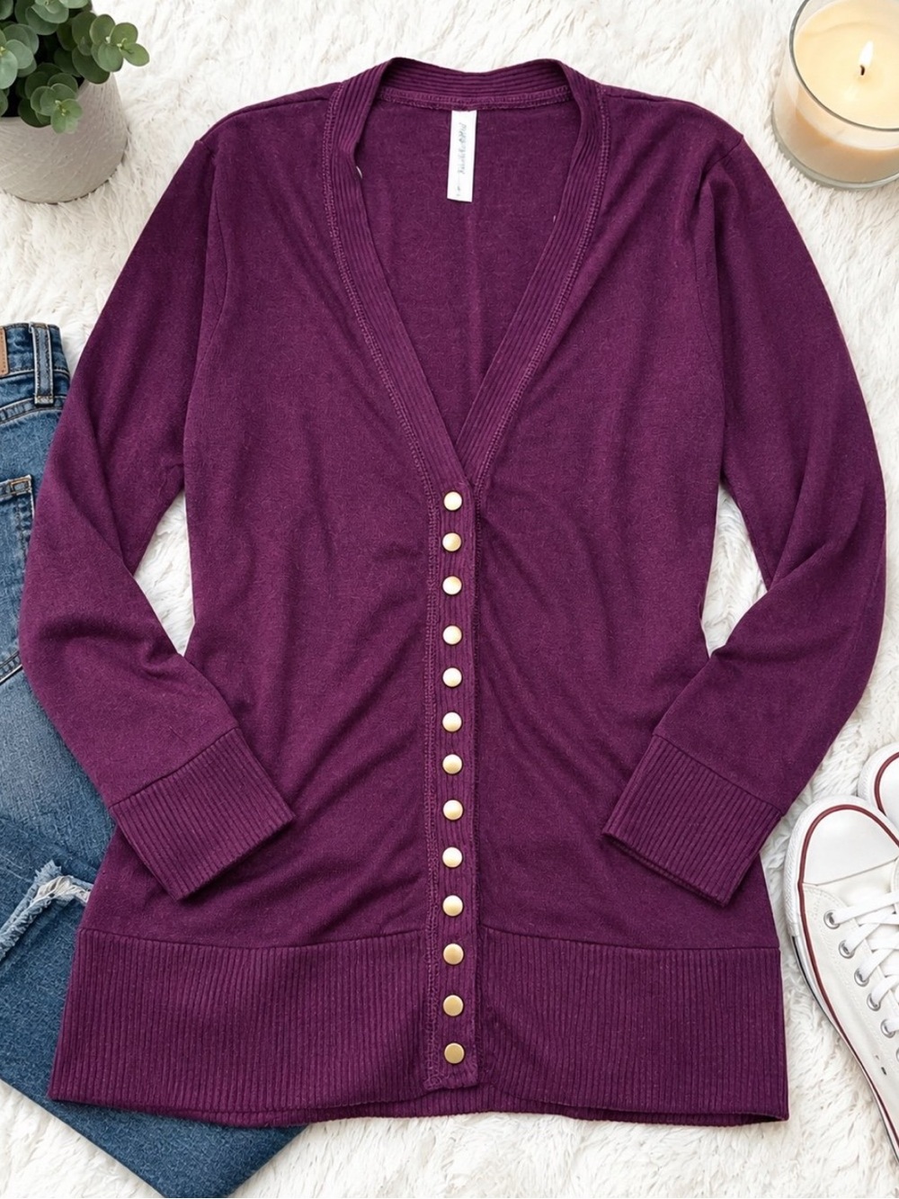 Zenana Outfitters Plum 3/4 Sleeve Snap-Front Cardigan - XL